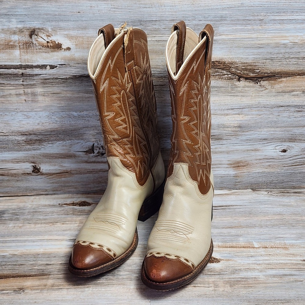 Chris Romero Western Cowboy Boots Tri-Tone Leather Embroidered Brown Cream 62457